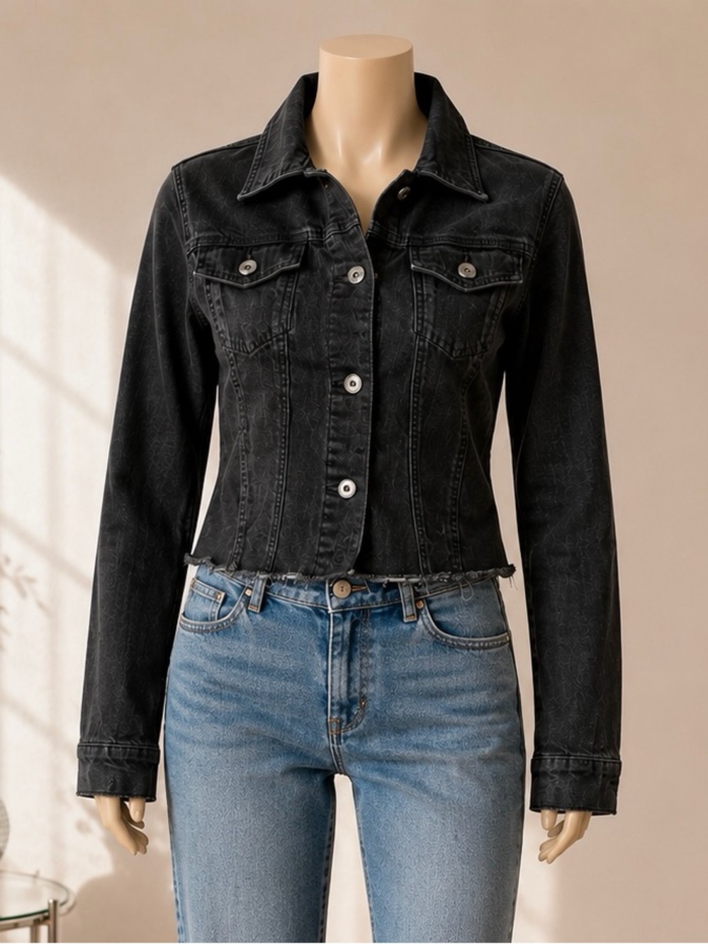 Wrangler Authentics Y2K Black Denim Jacket Raw Hem Cropped Size S